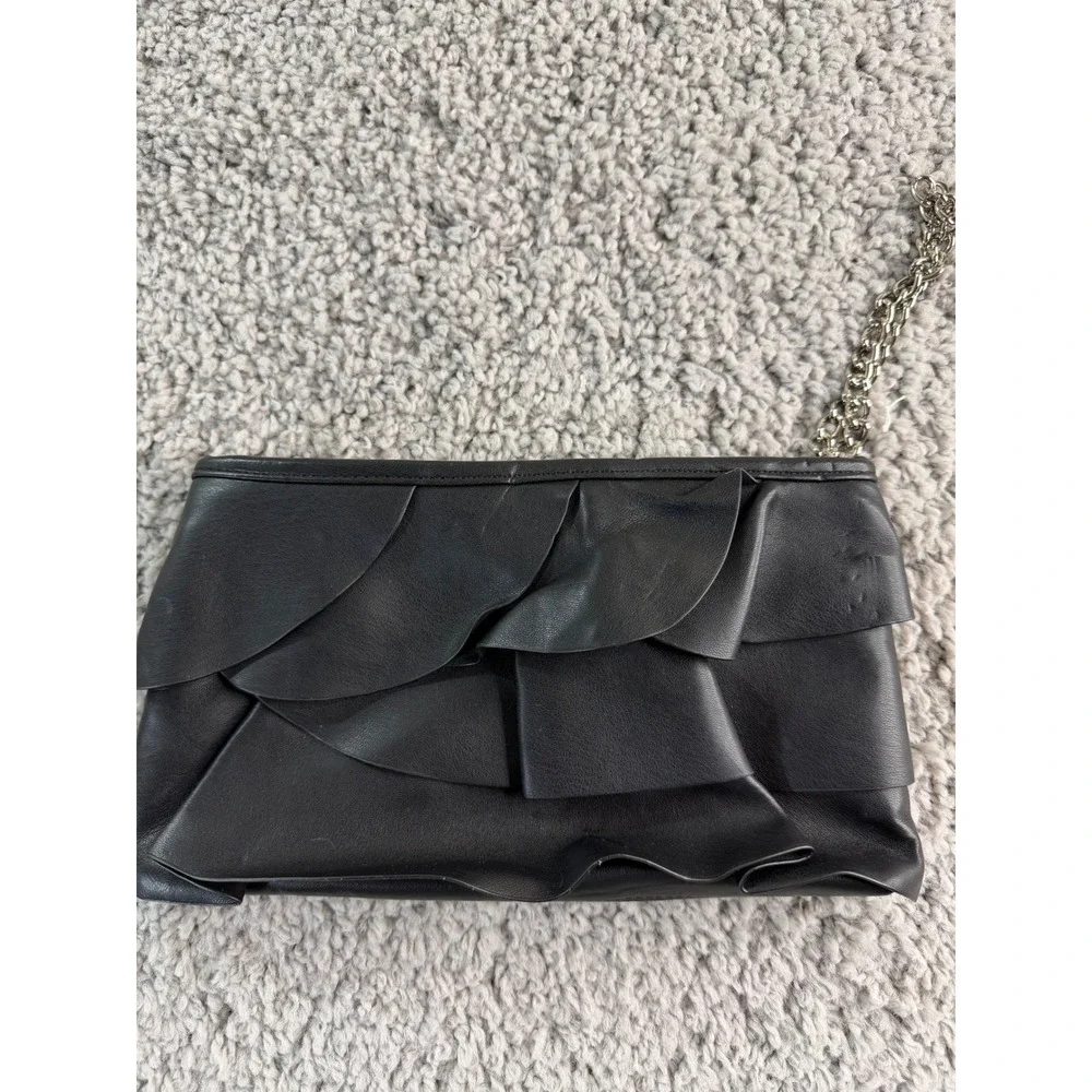 Express Black Ruffle Tiered Faux Leather Clutch Bag with Silver Chain Strap